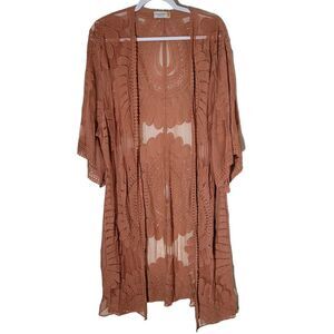 Style Apparel Kimono Women's Size Small Rust Longline Sheer Lace Floral Boho